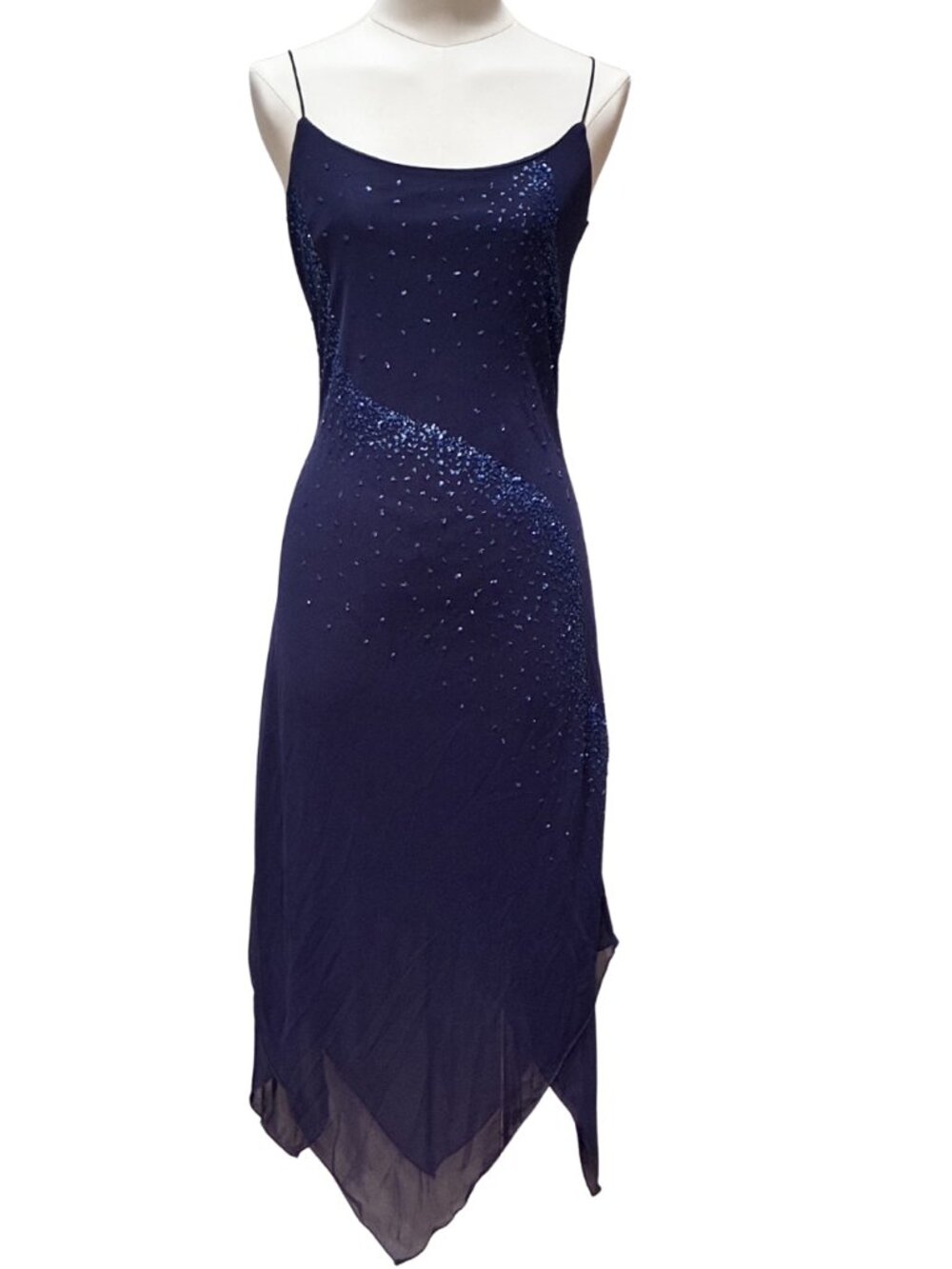 Vintage Y2K Byer Too Navy Blue Beaded Mesh Asymmetrical Handkerchief Hem Dress L